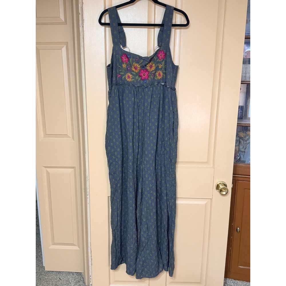 Natural Life Boho Embroidered Floral Jumpsuit Blue Wide Leg Smocked XL
